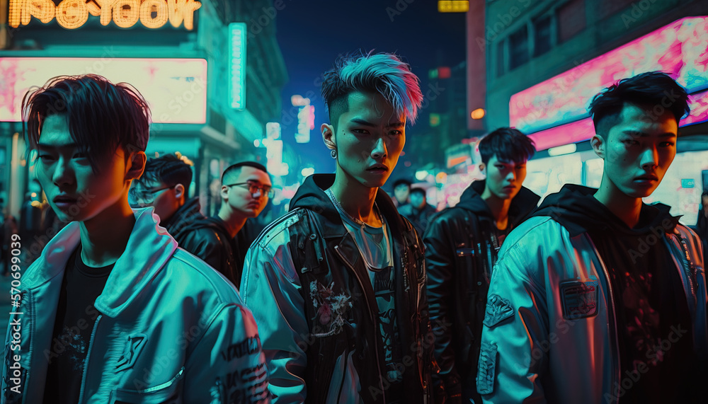 Six young k-pop dancers with neon lights at the street on the night. AI generative illustration Six young k-pop dancers with neon lights at the street on the night. AI generative illustration