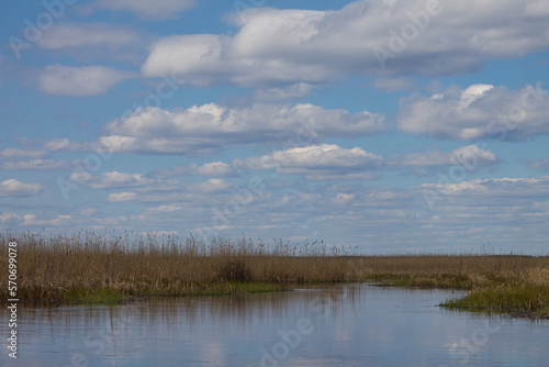 Spring landscape with blue sky and reflection of trees in the lake. Tourism and travel concept.