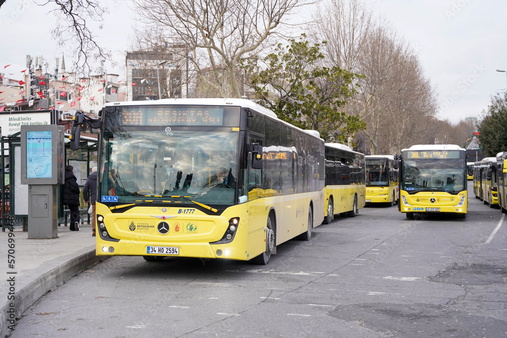Istanbul, Turkey February 10, 2023 Yellow Buses of Istanbul Electric