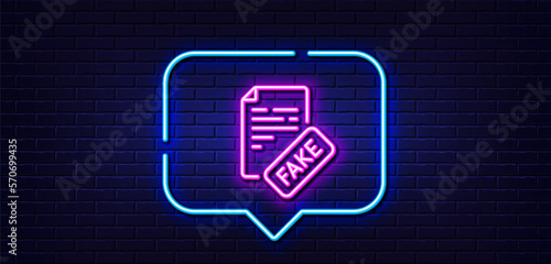 Neon light speech bubble. Fake news line icon. Propaganda conspiracy document sign. Wrong truth symbol. Neon light background. Fake news glow line. Brick wall banner. Vector