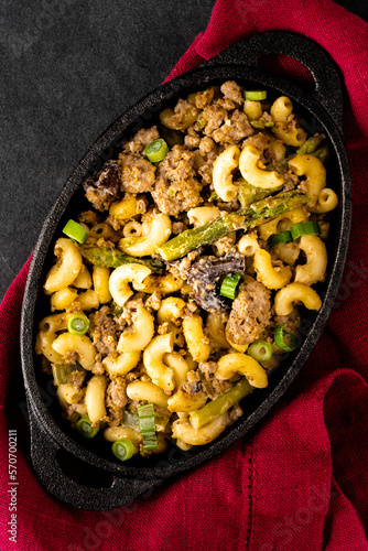 Homemade Hamburger Helper: Basically macaroni and cheese enhanced (helped?) with hamburger and vegetables.