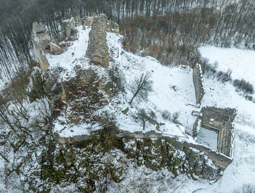 Winter aerial view of Korlatka castle ruin near Cerova in Slovakia photo