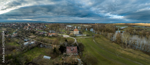 Aerial view of Onod castle in Borsod county, square shape four tower stronghold, cloudy sky