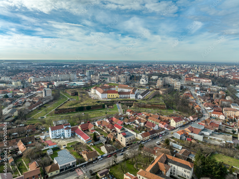 Aerial view of Oradea, Nagyvarad castle , pentagonal fortress with pointed bastions in Romania 