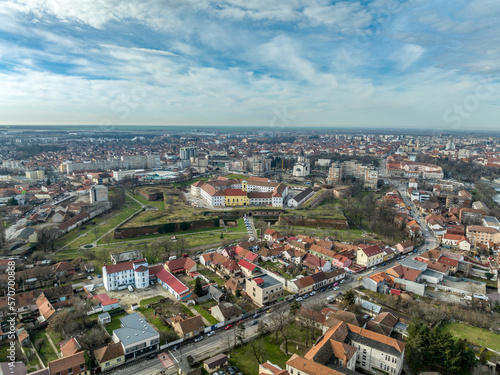 Aerial view of Oradea, Nagyvarad castle , pentagonal fortress with pointed bastions in Romania  © tamas