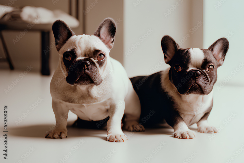 Portrait in Studio of two cute French bulldogs