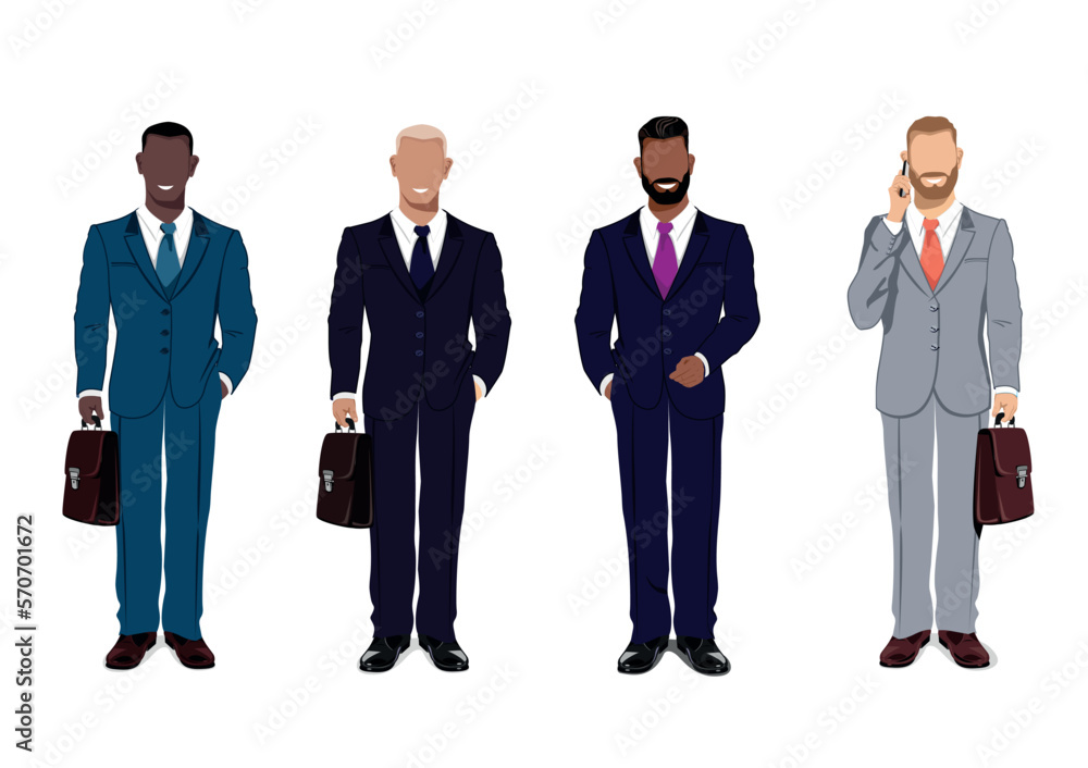 Vector set of four businessmen of different nationalities on a white background. A businessman in a suit, tie and with a briefcase came to a business meeting, seminar or work in the office. Vector set of four businessmen of different nationalities on a white background. A businessman in a suit, tie and with a briefcase came to a business meeting, seminar or work in the office.