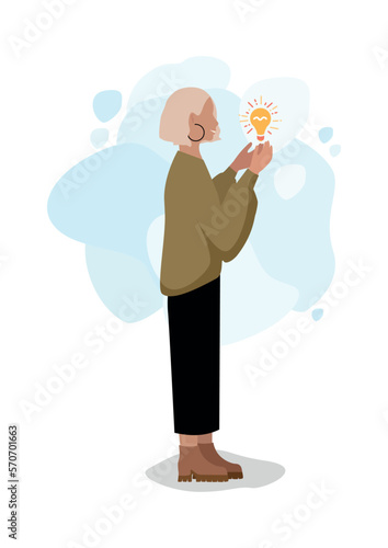 Cheerful woman with a glowing light bulb in her hand. Business idea. Creative idea. A beautiful girl shows the idea of solving problems and tasks. Vector illustration.