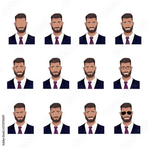 Portrait of a businessman with different emotions. Vector set character man in a business suit and tie rejoices, upset, angry, surprised, frightened, smiling.