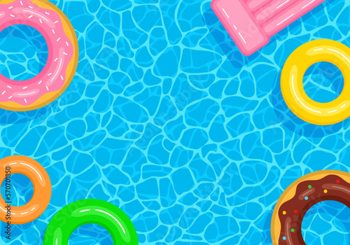 Summer pool background with copy space. Colorful inflatable circles and mattress floating on the water surface. Vector illustration in flat style photo