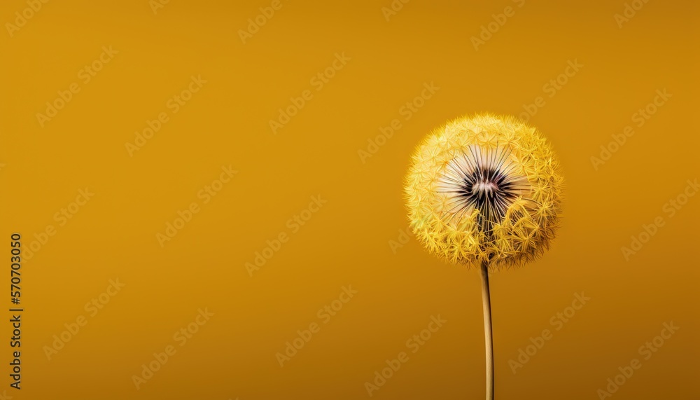  a dandelion flower on a yellow background with a black center in the middle of the dandelion, with a yellow background.