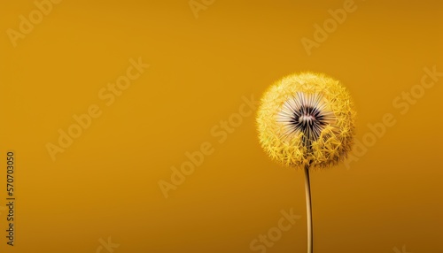  a dandelion flower on a yellow background with a black center in the middle of the dandelion  with a yellow background.