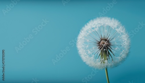  a dandelion on a blue background with a small drop of water on the dandelion it is floating in the air and the air.