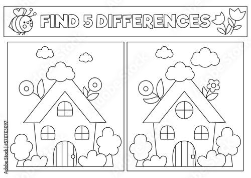 Garden black and white kawaii find differences game. Coloring page with cute country house. Spring holiday line puzzle for kids with funny cartoon cottage. Printable what is different worksheet.