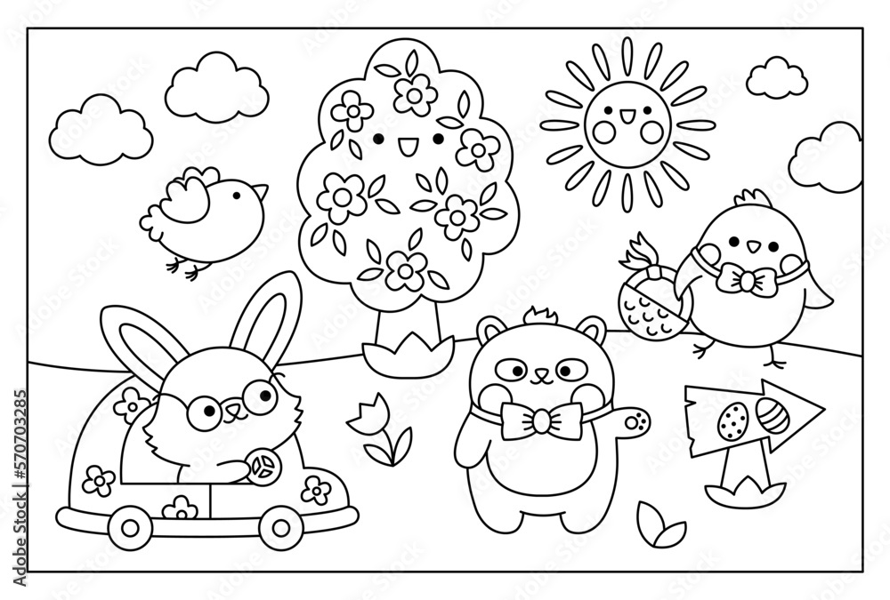 Obraz premium Vector black and white kawaii Easter scene with bunny on a car and chick with basket. Spring cartoon line illustration. Cute holiday egg hunt coloring page for kids with tree, bird, panda bear.
