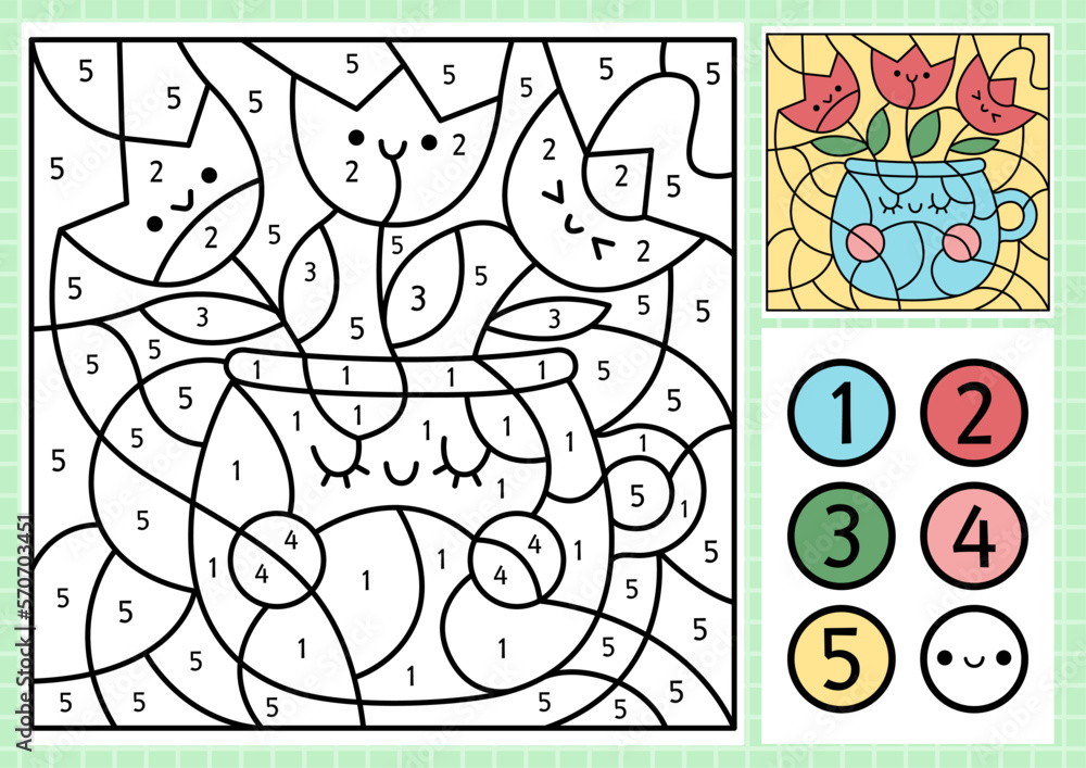 Vector spring garden color by number activity with cute vase with tulips. Easter scene. Black and white counting game with funny flowers in cup. Coloring page for kids.