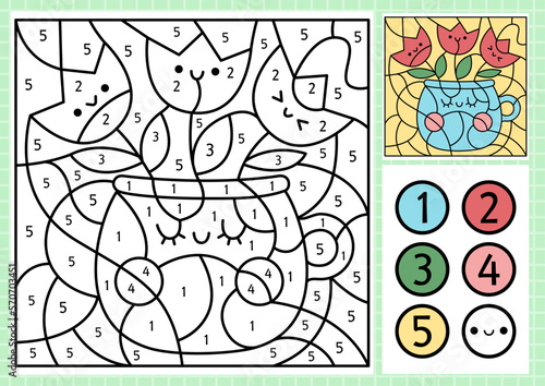 Vector spring garden color by number activity with cute vase with tulips. Easter scene. Black and white counting game with funny flowers in cup. Coloring page for kids.