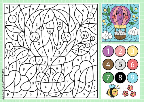 Vector Easter color by number activity with cute kawaii hot air balloon with eggs. Spring holiday scene. Black and white counting game with funny character. Garden coloring page for kids.