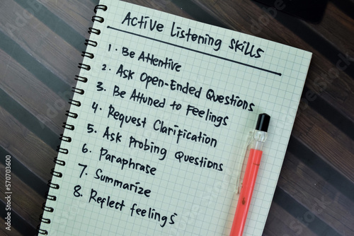 Concept of Active Listening Skills write on book with keywords isolated on Wooden Table. photo