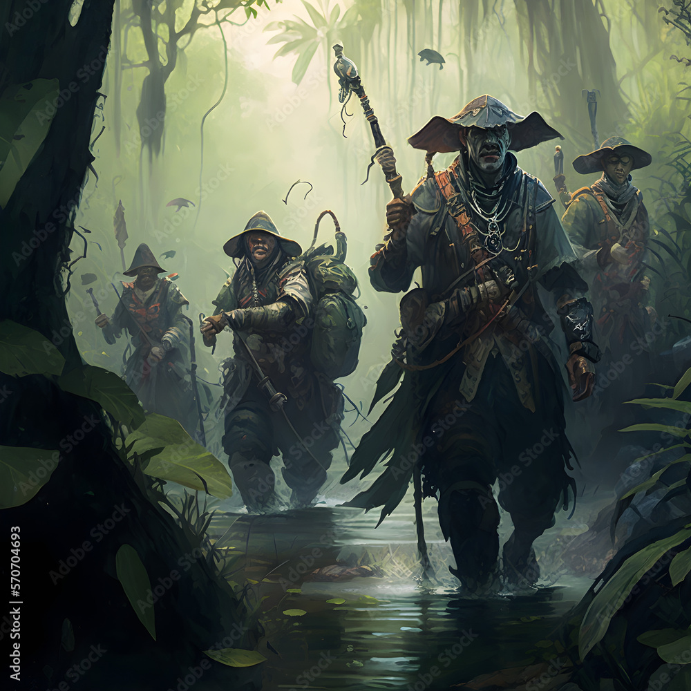 A group of adventurers traversing a treacherous swamp filled with dangerous creatures and hidden treasures ai generative A group of adventurers traversing a treacherous swamp filled with dangerous creatures and hidden treasures ai generative