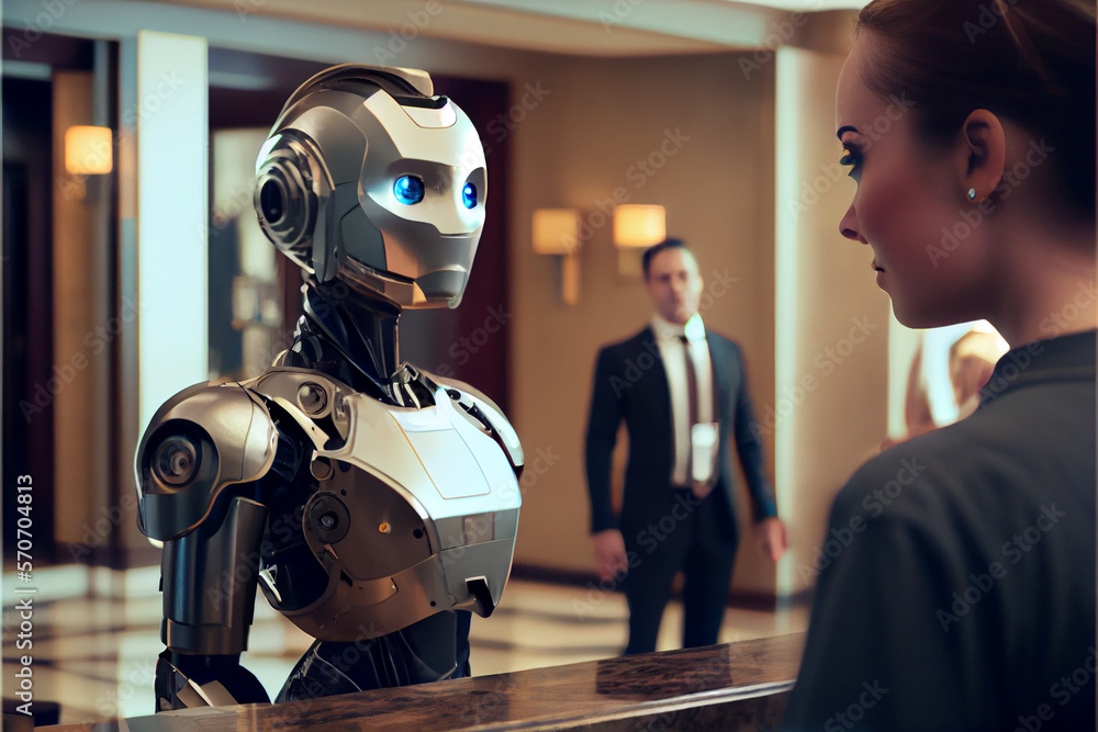 smart hotel in hospitality industry 4.0 concept, the receptionist robot meeting guests in lobby of hotel or airports always welcome customer the service is including room, information provision. High - obrazy, fototapety, plakaty 