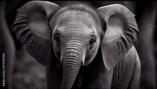 Schwarz weiß Portrait von einem Baby Elefanten. Perfektes afrikanisches Wandbild - Generative Ai