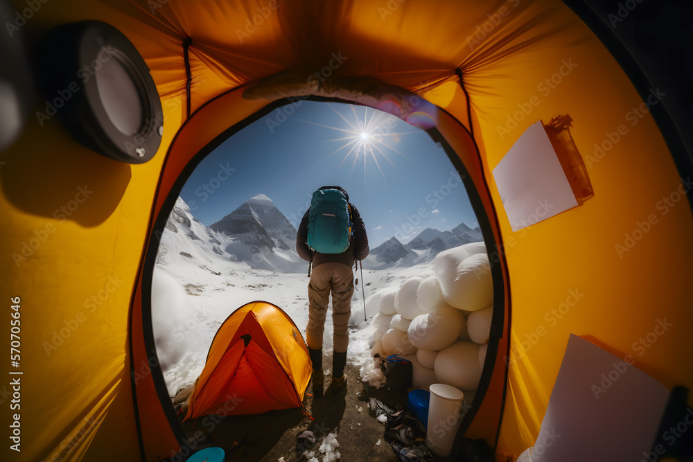 Φωτογραφία View from a tent in a mountain camp, morning view of travelers with a backpack and snowy mountain valleys and peaks