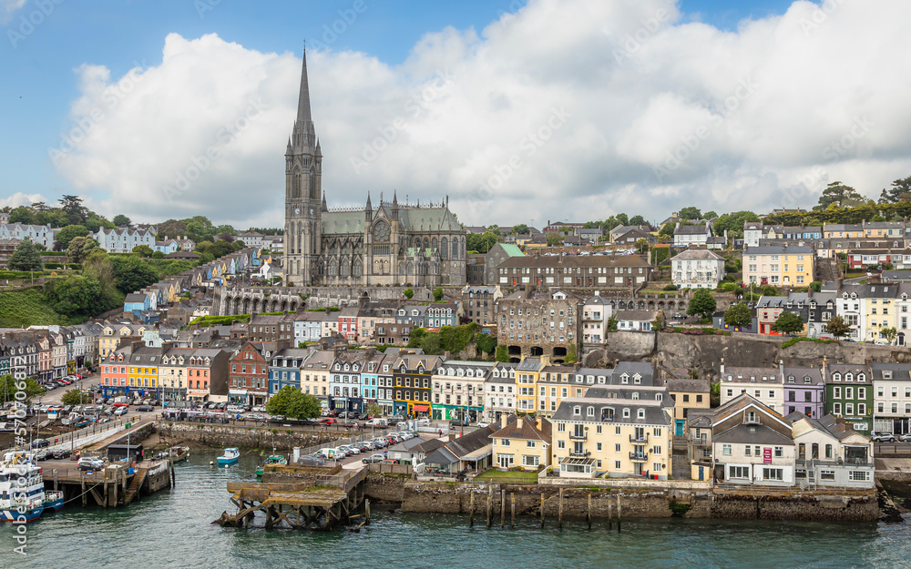 Cobh Waterfront from the Ship. Panoramic exposure done from a ship showing the beautifull houses and Cobh Cathedral.