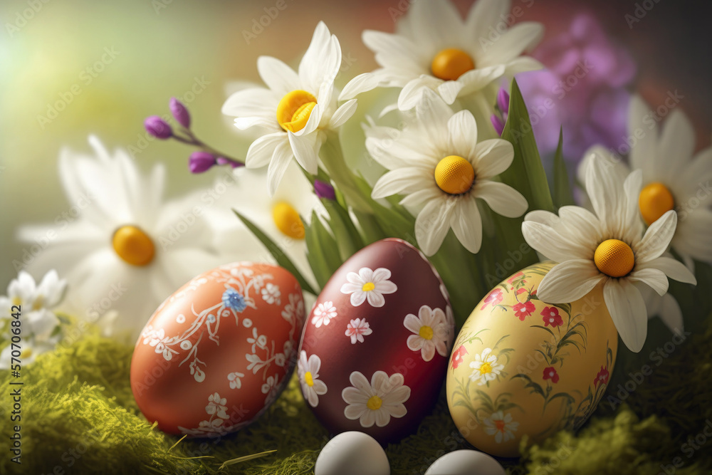 Easter composition made with easter eggs and flower decor. Created with Generative AI technology.