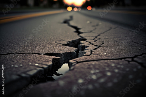 Earthquake, crack in the asphalt road. Created with Generative AI technology.