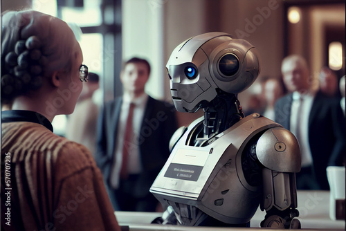 Receptionist robot meeting guests in lobby of hotel. Smart hotel. Humanoid robot on hotel reception welcome desk Futuristic background. High quality ai generated illustration.