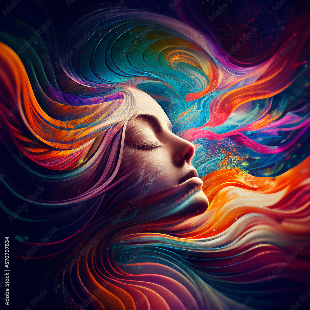 Portrait of abstract woman in a colorful swirling array of energy, waves and lines. Generative AI 