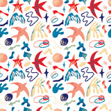 Vector pattern with abstract bright elements, stars and birds in the matisse style