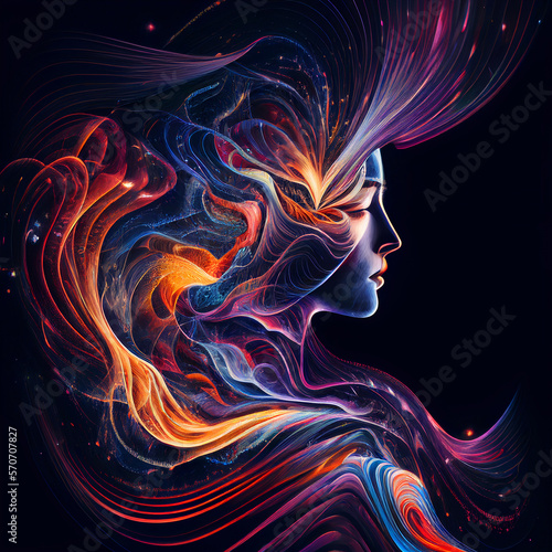 Portrait of abstract woman in a colorful swirling array of energy, waves and lines. Generative AI 