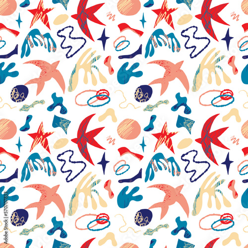 Vector pattern with abstract bright elements, stars and birds in the matisse style © Vasia_illi