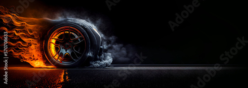 Racing hot wheels. Burning wheel tire isolated on black background. Space for text, message, advertisement. Generative AI