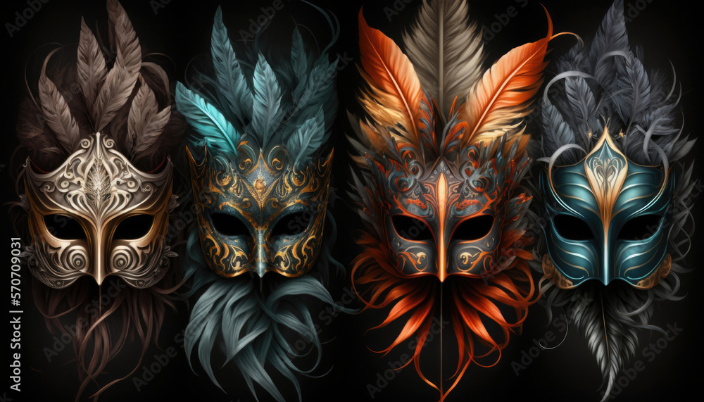 A group of venetian, mardi gras mask or disguise on a dark background, Generative AI carnival masks