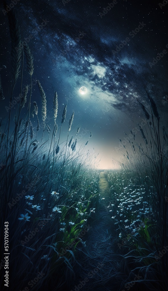  a night scene of a grassy field with a full moon in the sky and a path leading to a field of tall grass with flowers.