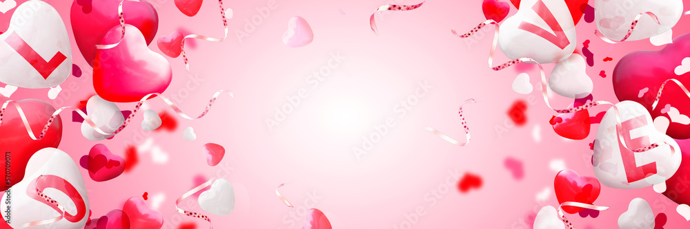 Happy Valentine's day. Congratulatory background with heart shaped air balloon. 3d Illustration
