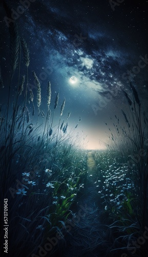  a night scene of a grassy field with a full moon in the sky and a path leading to a field of tall grass with flowers.