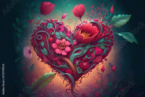 Beautiful fantasy red heart with flowers and leaves, green background, valentine, illustration, Generative AI