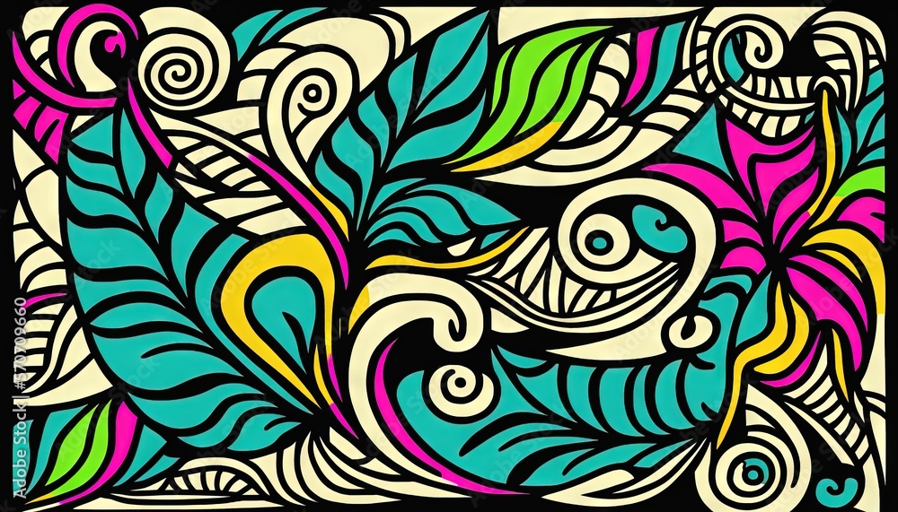 a painting of a colorful design on a black background with swirls and leaves in the center of the image is a rectangle shape. generative ai a painting of a colorful design on a black background with swirls and leaves in the center of the image is a rectangle shape. generative ai