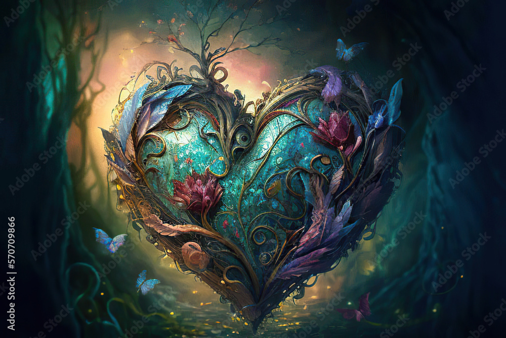 Green heart with flowers on a dark glowing background, valentine, fantasy illustration, Generative AI