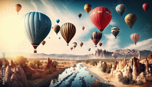  a group of hot air balloons flying over a river in a desert landscape with mountains and rocks in the background and a river running through the middle. generative ai