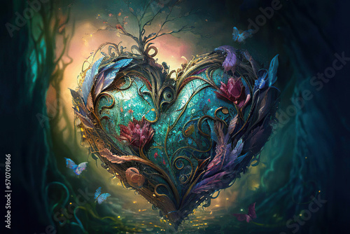 Green heart with flowers on a dark glowing background  valentine  fantasy illustration  Generative AI