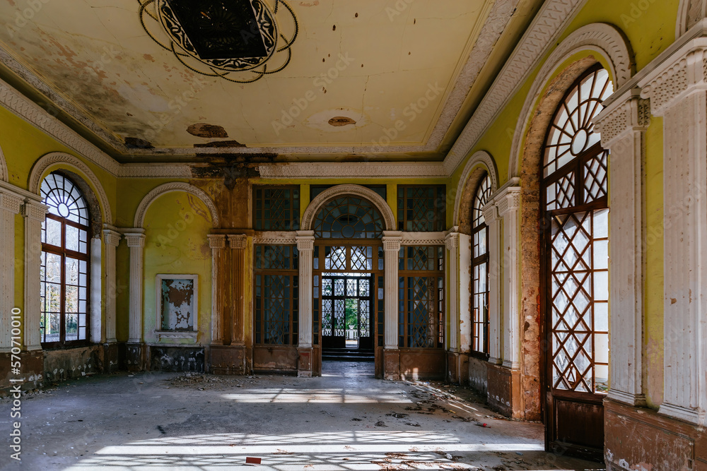 Abandoned ruined interior of railway station in Tskaltubo, Georgia