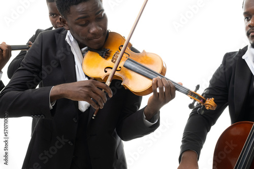 Studio closeup portrait of a string quartet on a white background. African americans