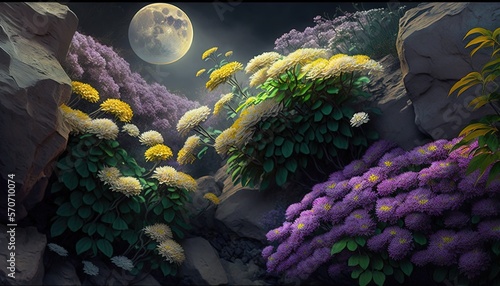  a painting of flowers and rocks with a full moon in the sky behind them and a full moon in the sky above them, and a full moon in the distance. generative ai