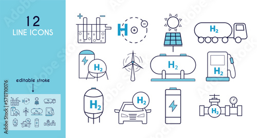 Green hydrogen fuel production icons set. water electrolysis, hydrogen atom, solar energy, windmill, fuel tank, pipeline, hydrogen transport, gas station.