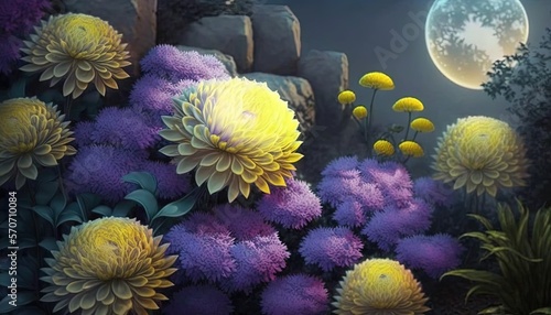  a painting of flowers and a full moon in the sky above a rocky cliff face with trees and bushes in the foreground and a full moon in the background.  generative ai